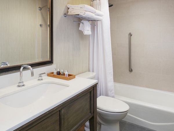 A modern bathroom with a double-sink vanity, a toilet, a bathtub with a shower curtain, towels on a rack, and a large mirror.