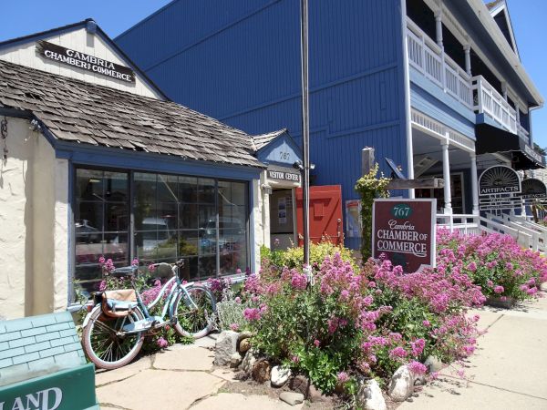 Colorful small shops along a sunny street with bike, flowers, and a blue building in the background; charming, lively coastal retail scene.