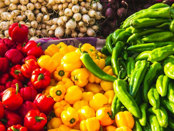 A colorful market display of fresh peppers and garlic: red, yellow, and orange peppers arranged beside green peppers and garlic bulbs. End.