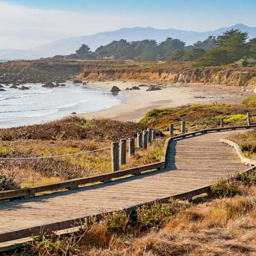 A rocky shoreline with a wooden fence, grassy dunes, and a calm sea under a clear sky.