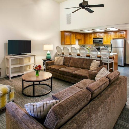 A cozy living room with a sofa, armchairs, coffee table, and a warm fireplace; a kitchen area in the background, filled with natural light.