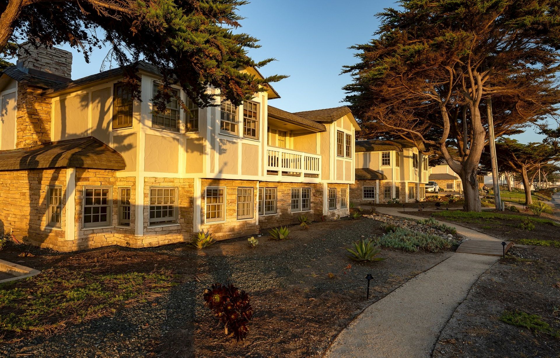 A sunny residential street with yellow two-story townhomes, a winding sidewalk, trees casting shadows, and small front gardens.